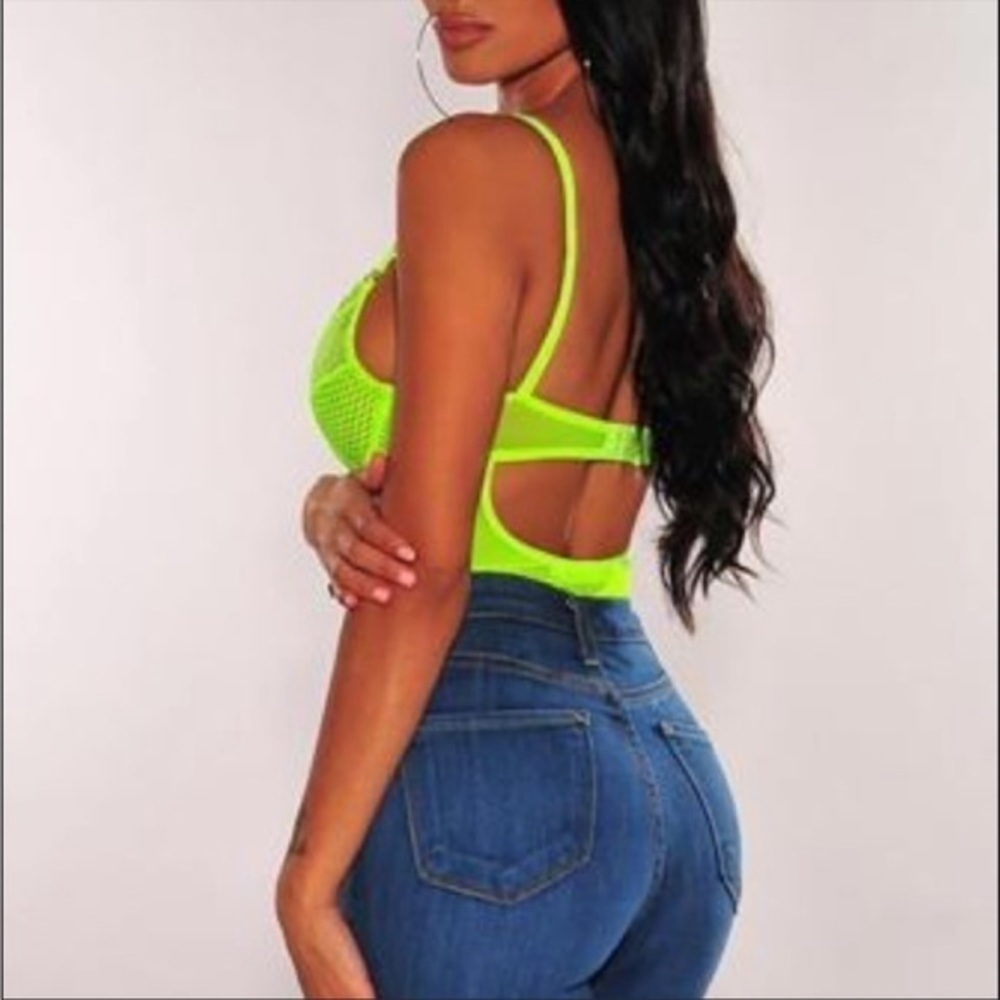 Neon Green Lace Bodysuit Sheer Mesh Bustier Thong One Piece NWT - Picture 4 of 4